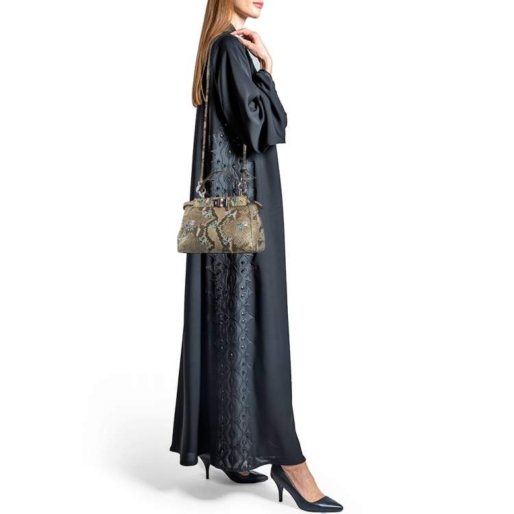Pre Owned Fendi Beige/Black Python Mini Embellished Peekaboo Top Handle Bag