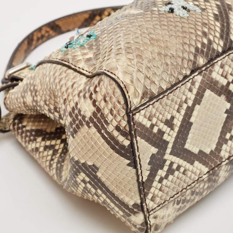 Pre Owned Fendi Beige/Black Python Mini Embellished Peekaboo Top Handle Bag