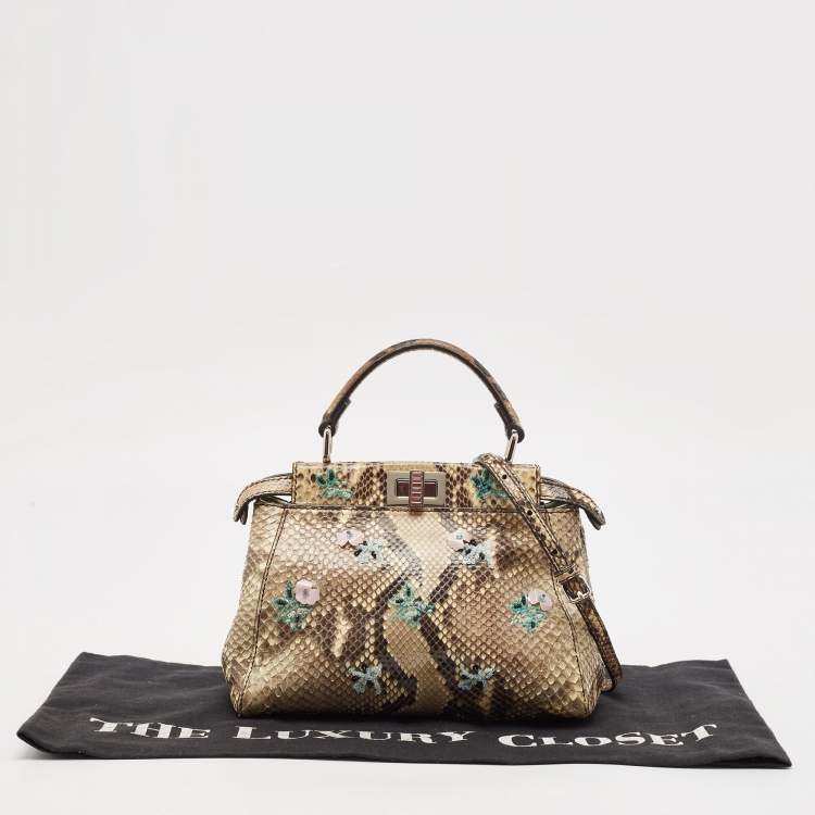Pre Owned Fendi Beige/Black Python Mini Embellished Peekaboo Top Handle Bag