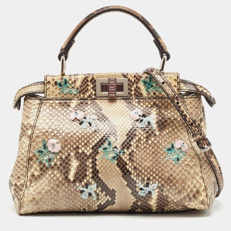 Pre Owned Fendi Beige/Black Python Mini Embellished Peekaboo Top Handle Bag