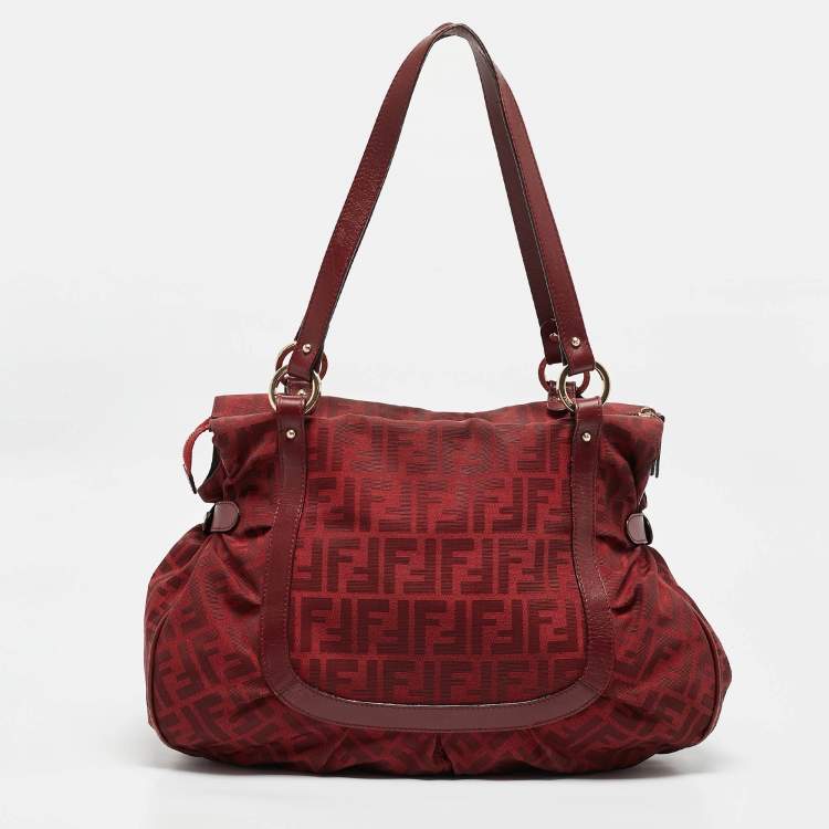 Pre Owned Fendi Red Zucca Canvas and Leather Chef Shoulder Bag