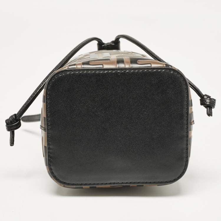 Pre Owned Fendi Brown/Black Zucca Leather Mini Mon Tresor Drawstring Bucket Bag