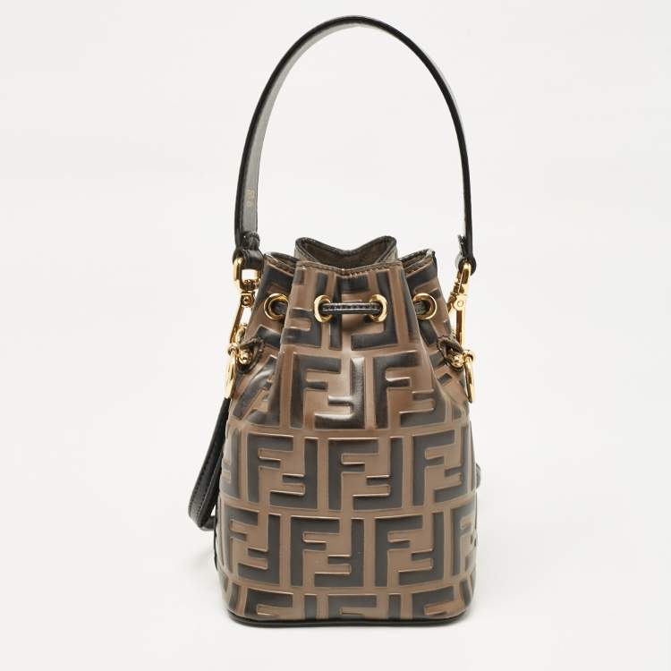 Pre Owned Fendi Brown/Black Zucca Leather Mini Mon Tresor Drawstring Bucket Bag