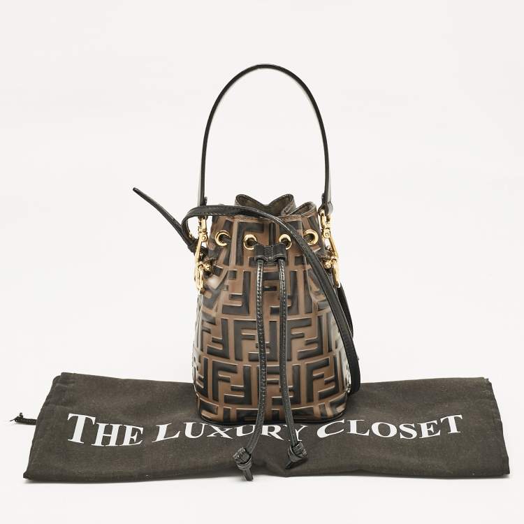Pre Owned Fendi Brown/Black Zucca Leather Mini Mon Tresor Drawstring Bucket Bag