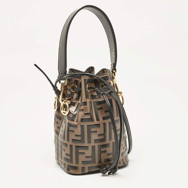 Pre Owned Fendi Brown/Black Zucca Leather Mini Mon Tresor Drawstring Bucket Bag