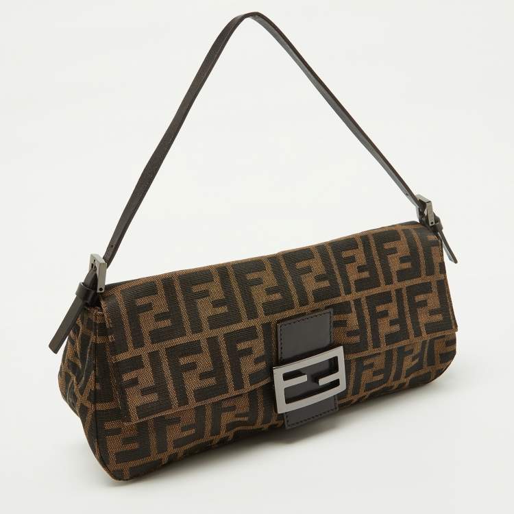 Pre Owned Fendi Tobacco Zucca Canvas and Leather Flap Baguette Bag