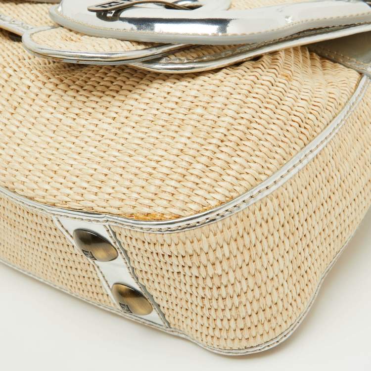 Pre Owned Fendi Beige/Silver Raffia and Patent Leather B Shoulder Bag