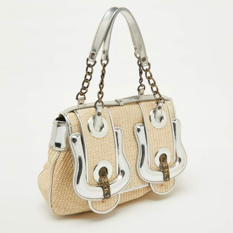 Pre Owned Fendi Beige/Silver Raffia and Patent Leather B Shoulder Bag