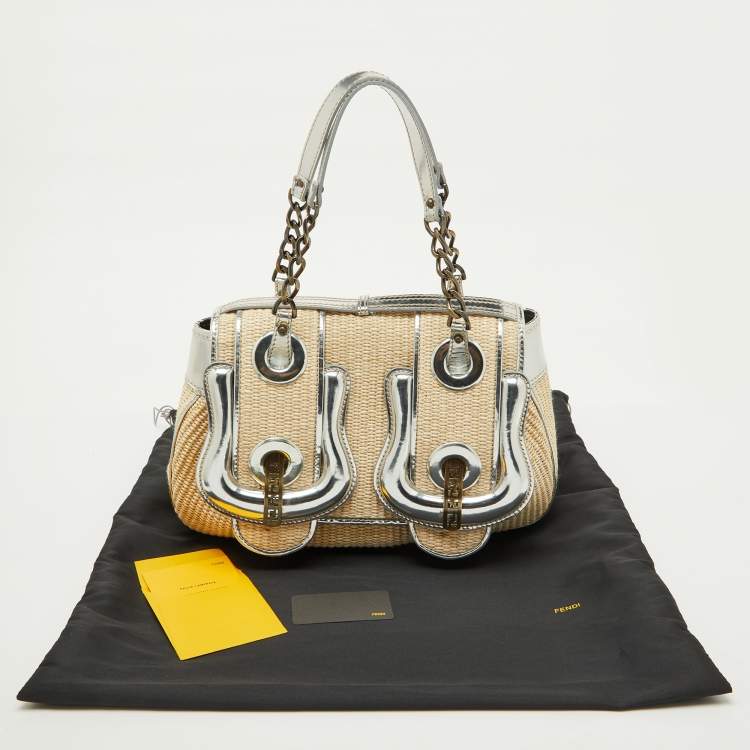 Pre Owned Fendi Beige/Silver Raffia and Patent Leather B Shoulder Bag