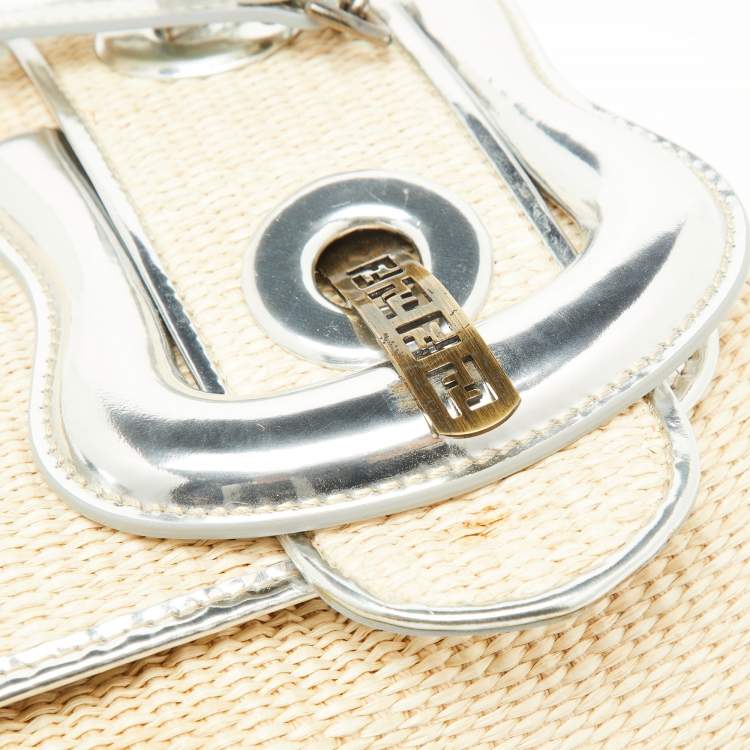 Pre Owned Fendi Beige/Silver Raffia and Patent Leather B Shoulder Bag