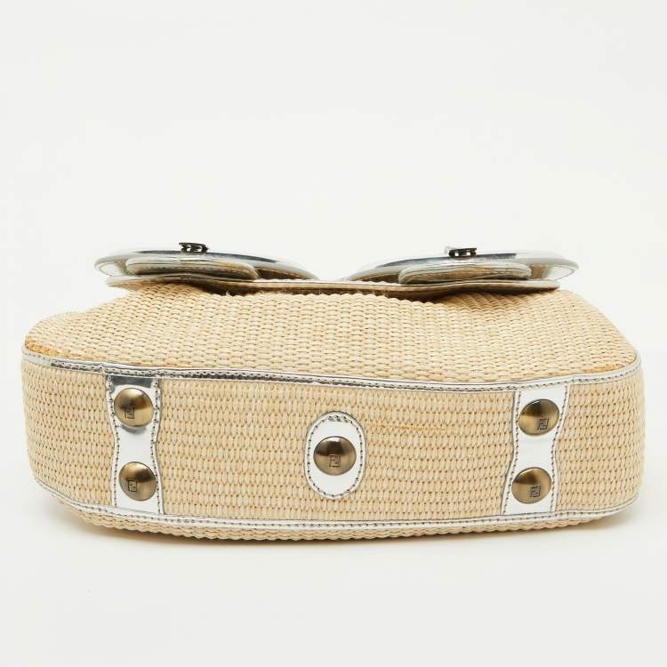Pre Owned Fendi Beige/Silver Raffia and Patent Leather B Shoulder Bag