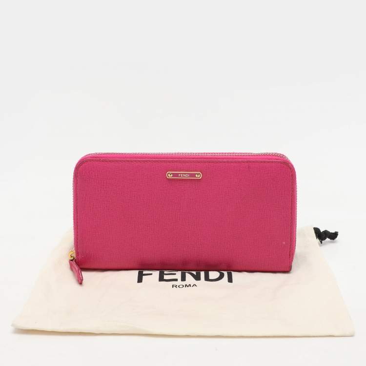 Pre Owned Fendi Pink Leather Elite Zip Around Wallet