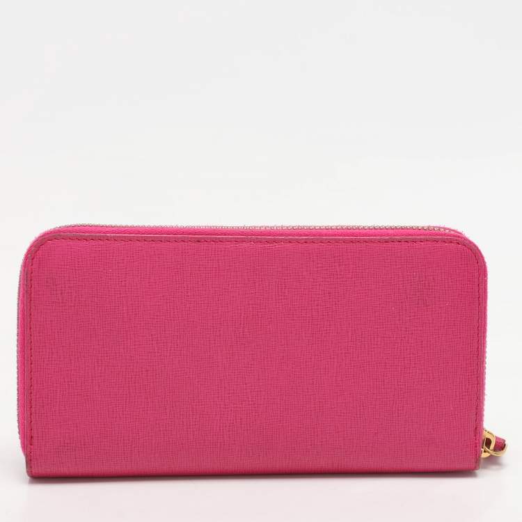 Pre Owned Fendi Pink Leather Elite Zip Around Wallet