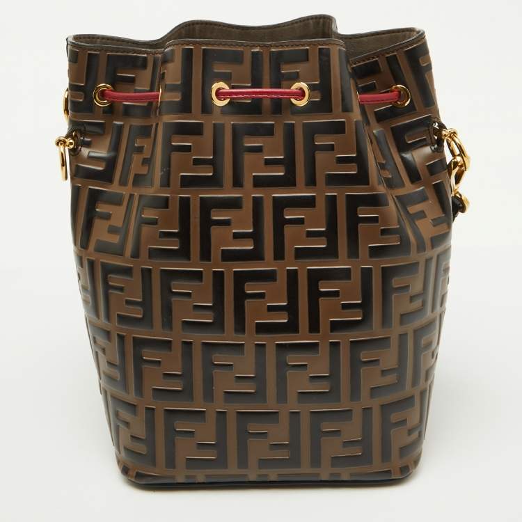 Pre Owned Fendi Brown/Red Zucca Leather Mon Tresor Bucket Bag