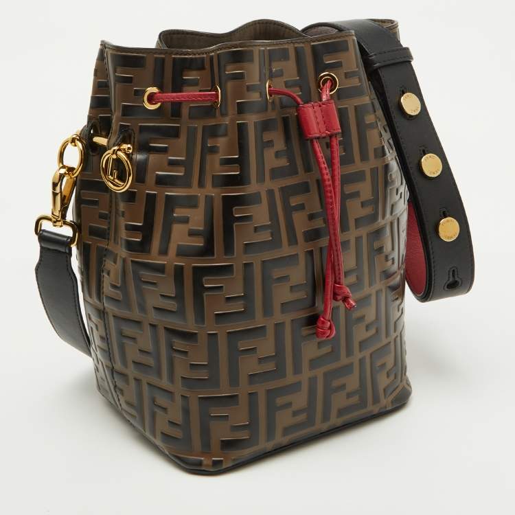 Pre Owned Fendi Brown/Red Zucca Leather Mon Tresor Bucket Bag