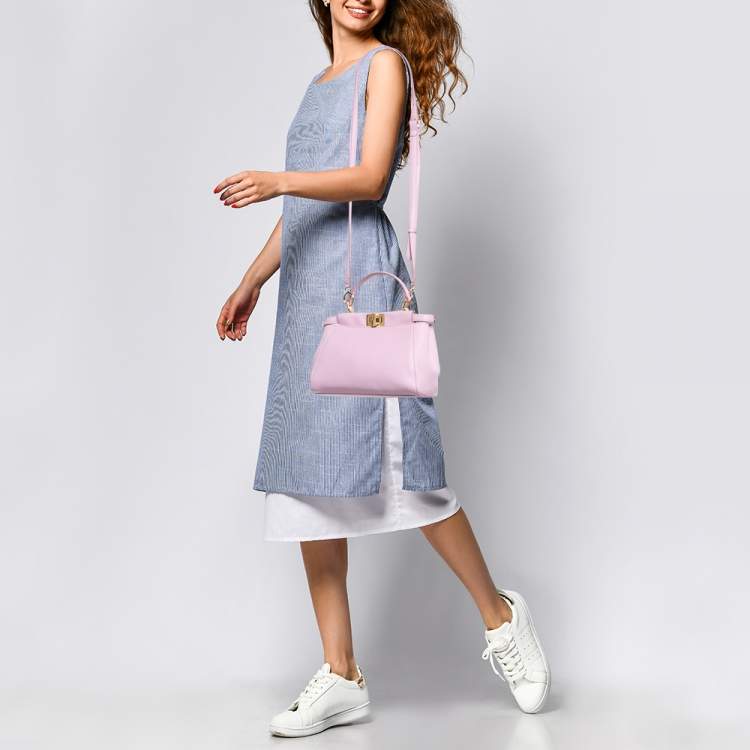 Pre Owned Fendi Light Pink Leather Mini Peekaboo Top Handle Bag
