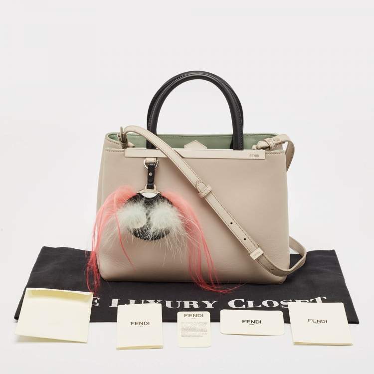 Pre Owned Fendi Light Beige/Black Leather Petite Monster Fur Sac 2jours Tote