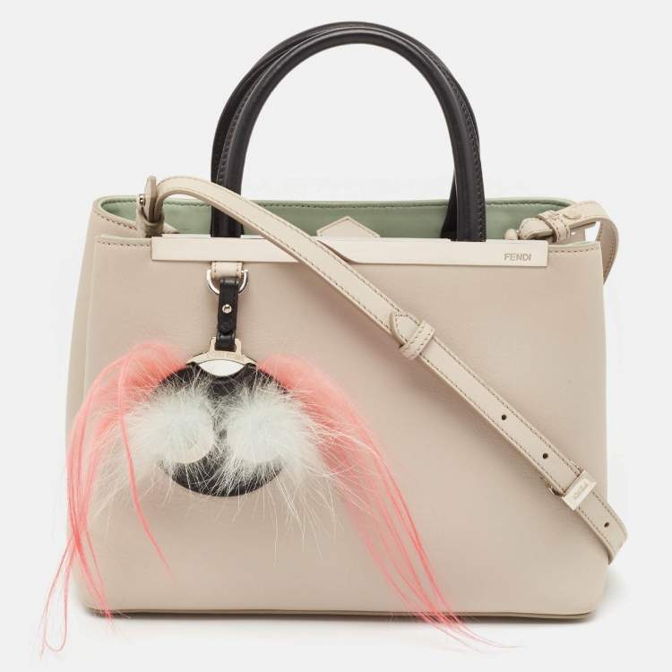 Pre Owned Fendi Light Beige/Black Leather Petite Monster Fur Sac 2jours Tote