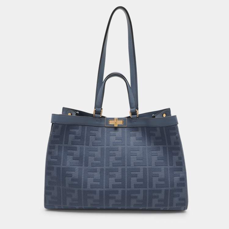 Pre Owned Fendi Blue Zucca Canvas and Leather Medium FF Peekaboo X Tote