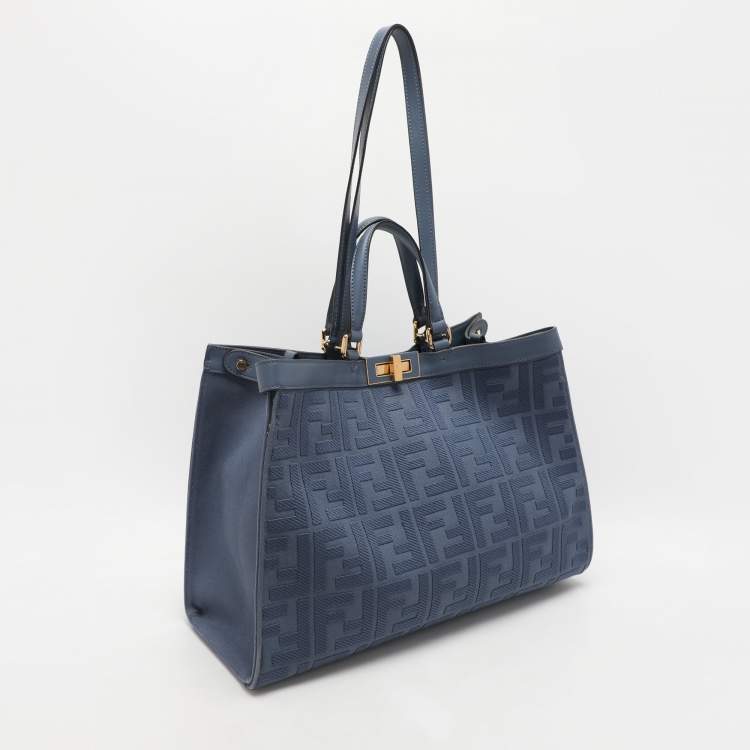 Pre Owned Fendi Blue Zucca Canvas and Leather Medium FF Peekaboo X Tote