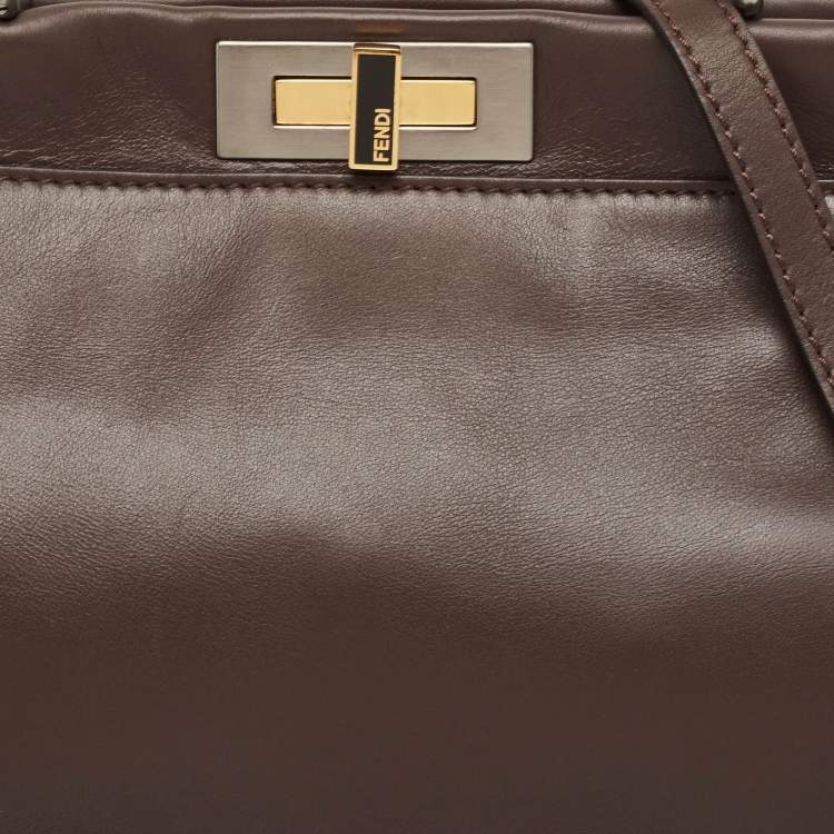 Pre Owned Fendi Dark Brown Leather Medium Peekaboo Top Handle Bag
