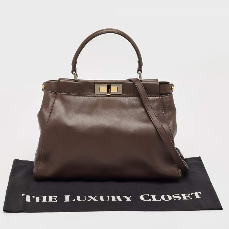 Pre Owned Fendi Dark Brown Leather Medium Peekaboo Top Handle Bag