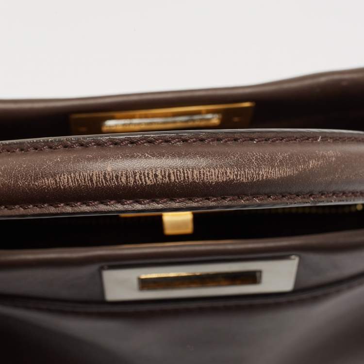 Pre Owned Fendi Dark Brown Leather Medium Peekaboo Top Handle Bag