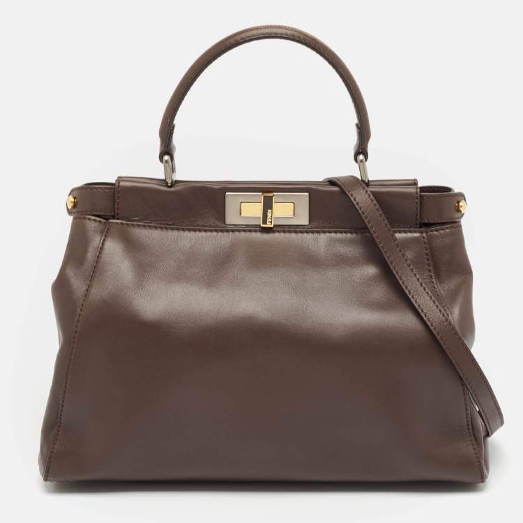 Pre Owned Fendi Dark Brown Leather Medium Peekaboo Top Handle Bag