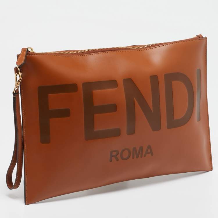 Pre Owned Fendi Brown Leather Flat Zip Wristlet Pouch