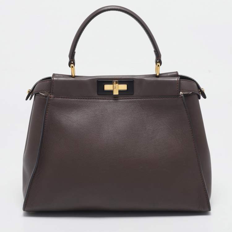 Pre Owned Fendi Dark Brown Leather Medium Peekaboo Top Handle Bag