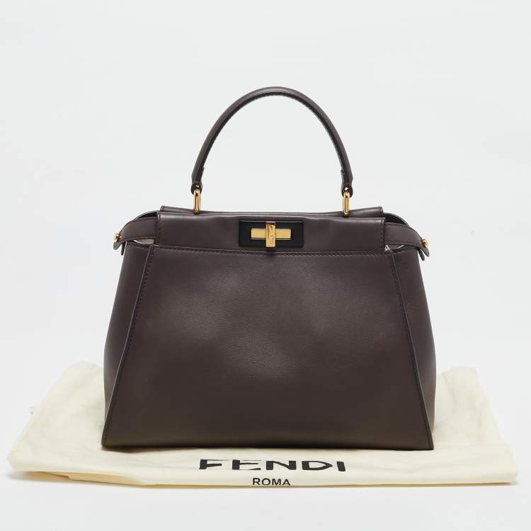 Pre Owned Fendi Dark Brown Leather Medium Peekaboo Top Handle Bag