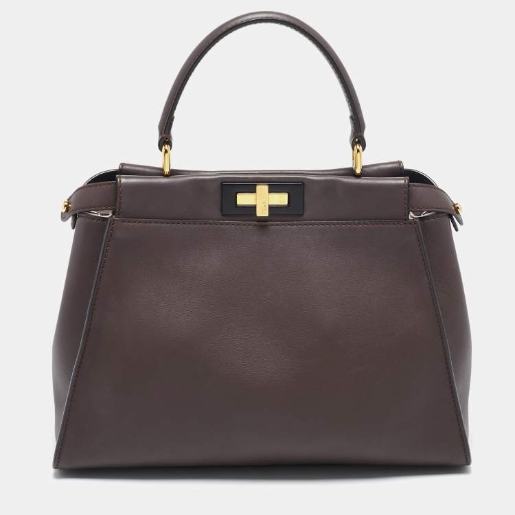 Pre Owned Fendi Dark Brown Leather Medium Peekaboo Top Handle Bag