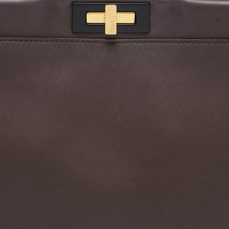 Pre Owned Fendi Dark Brown Leather Medium Peekaboo Top Handle Bag