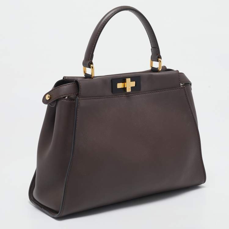 Pre Owned Fendi Dark Brown Leather Medium Peekaboo Top Handle Bag