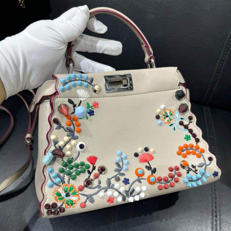 Pre Owned Fendi Grigio Polvere Nappa Embroidered Flower Scalloped Mini Peekaboo Iconic Satchel Bag
