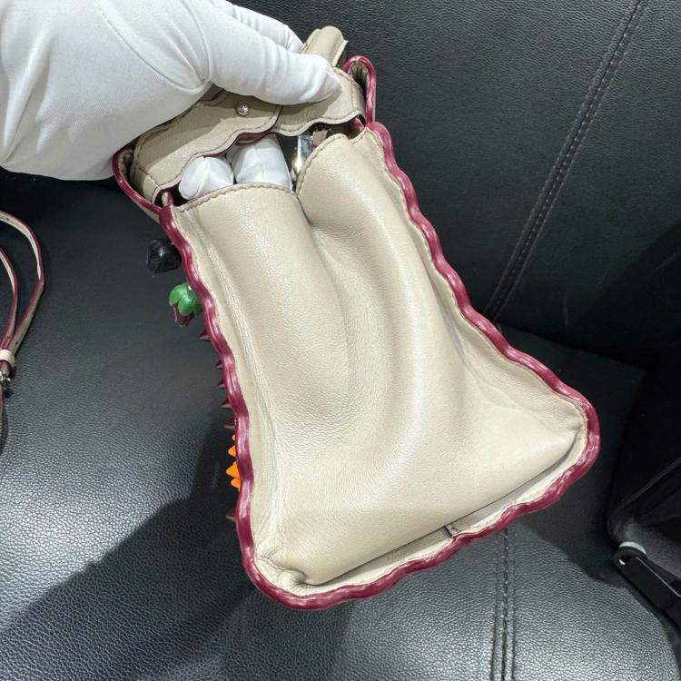Pre Owned Fendi Grigio Polvere Nappa Embroidered Flower Scalloped Mini Peekaboo Iconic Satchel Bag
