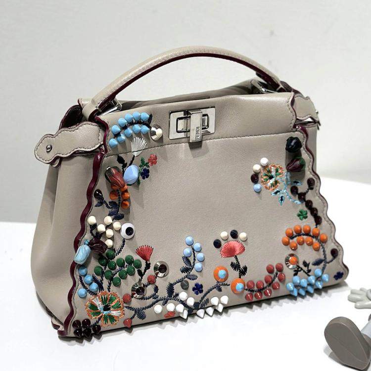 Pre Owned Fendi Grigio Polvere Nappa Embroidered Flower Scalloped Mini Peekaboo Iconic Satchel Bag
