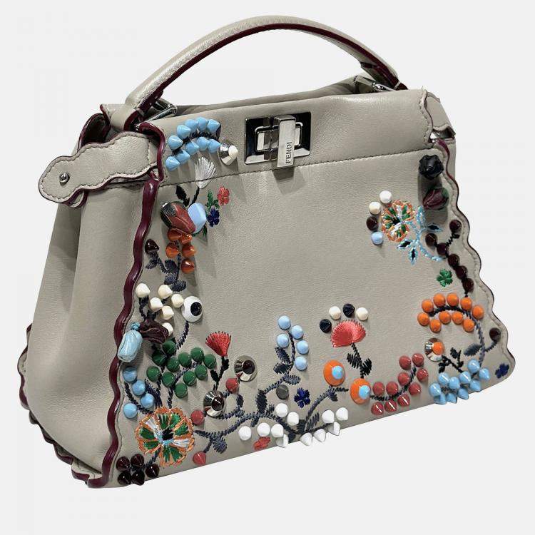 Pre Owned Fendi Grigio Polvere Nappa Embroidered Flower Scalloped Mini Peekaboo Iconic Satchel Bag
