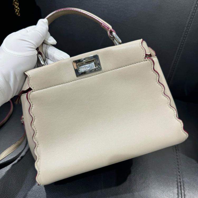 Pre Owned Fendi Grigio Polvere Nappa Embroidered Flower Scalloped Mini Peekaboo Iconic Satchel Bag
