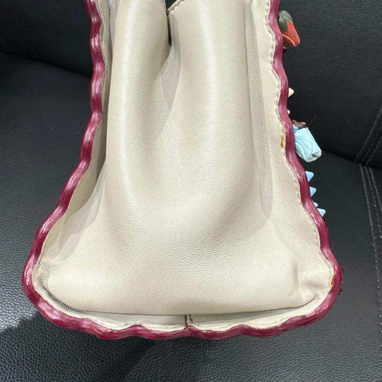Pre Owned Fendi Grigio Polvere Nappa Embroidered Flower Scalloped Mini Peekaboo Iconic Satchel Bag

