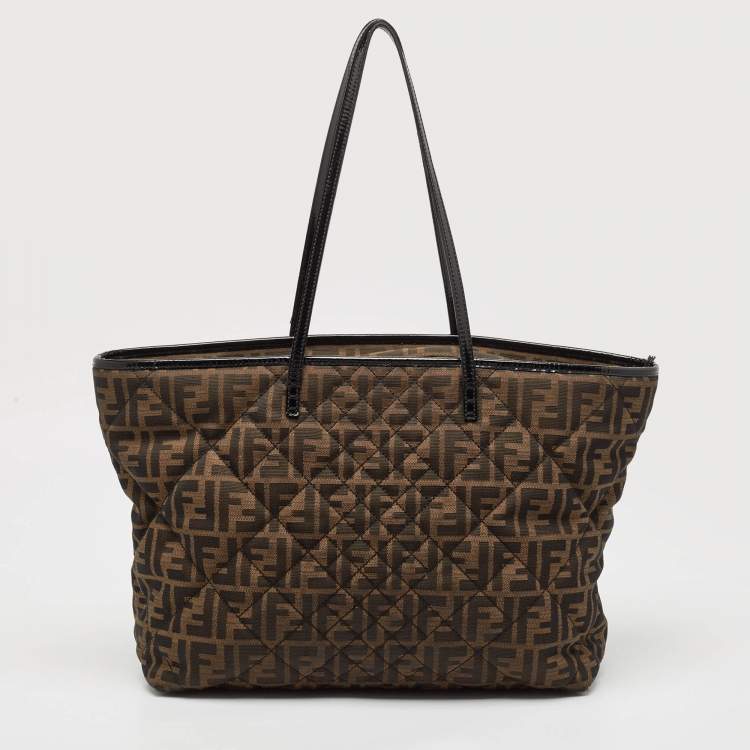 Pre Owned Fendi Black/Tobacco Quilted Zucca Fabric and Patent Leather Roll Tote