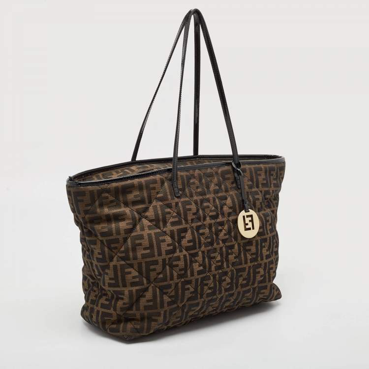 Pre Owned Fendi Black/Tobacco Quilted Zucca Fabric and Patent Leather Roll Tote