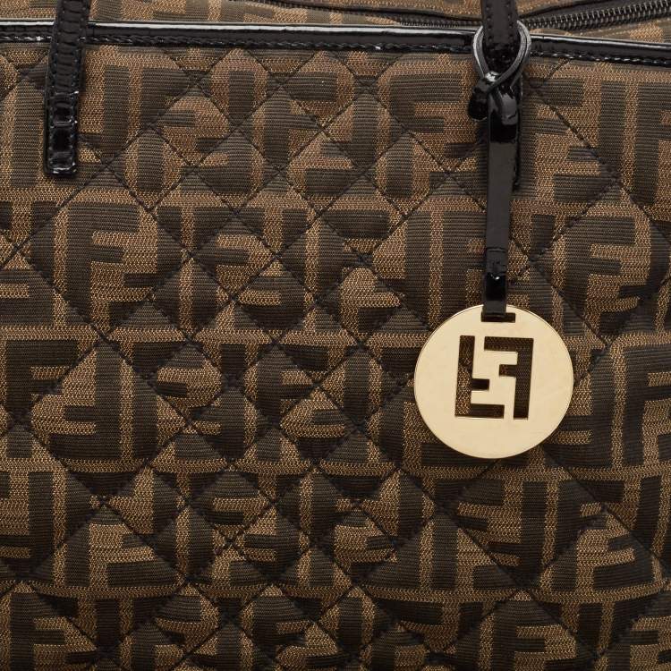 Pre Owned Fendi Black/Tobacco Quilted Zucca Fabric and Patent Leather Roll Tote