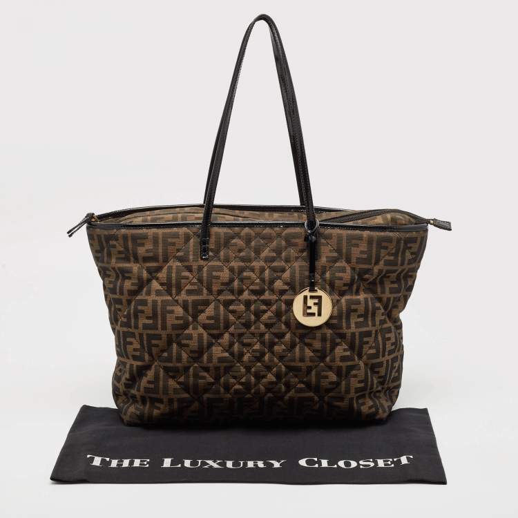 Pre Owned Fendi Black/Tobacco Quilted Zucca Fabric and Patent Leather Roll Tote