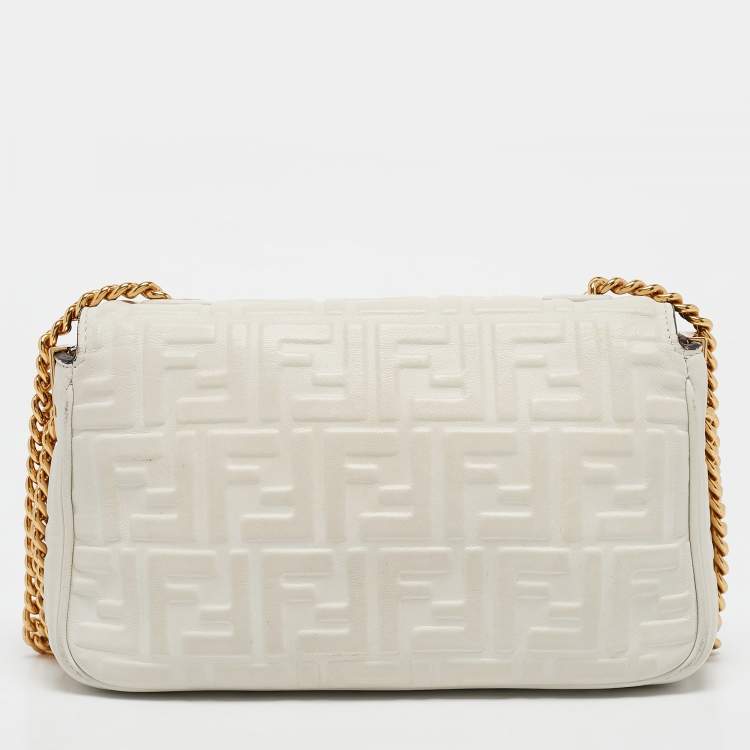 Pre Owned Fendi White FF Embossed Leather Midi Chain Baguette Bag
