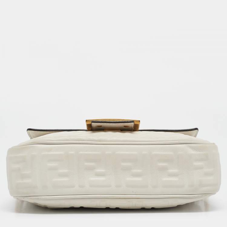 Pre Owned Fendi White FF Embossed Leather Midi Chain Baguette Bag