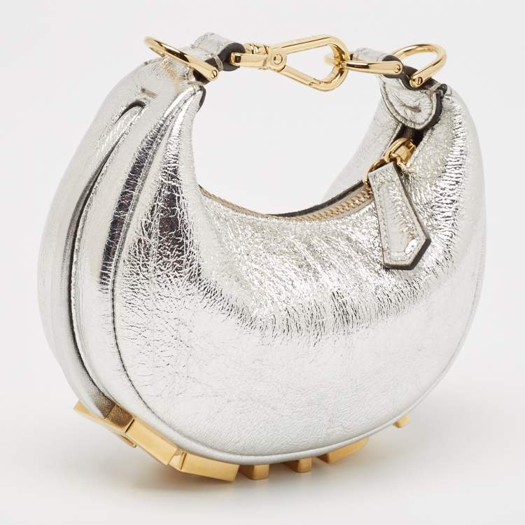 Pre Owned Fendi Silver Leather Nano Fendigraphy Hobo