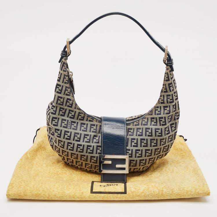 Pre Owned Fendi Navy Blue Zucchino Canvas and Leather FF Flap Hobo