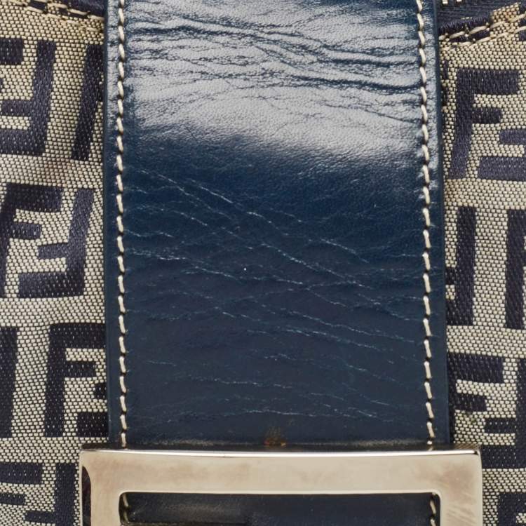 Pre Owned Fendi Navy Blue Zucchino Canvas and Leather FF Flap Hobo