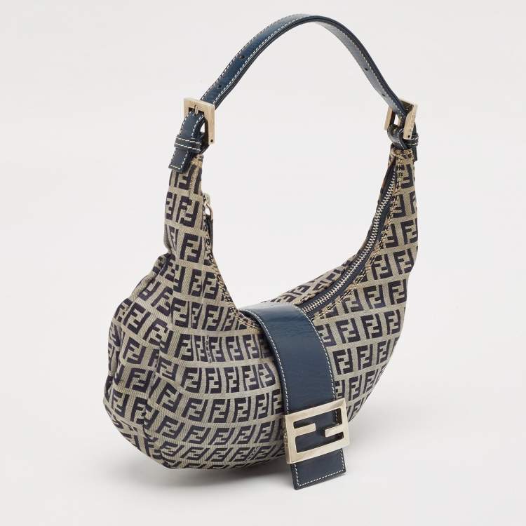 Pre Owned Fendi Navy Blue Zucchino Canvas and Leather FF Flap Hobo